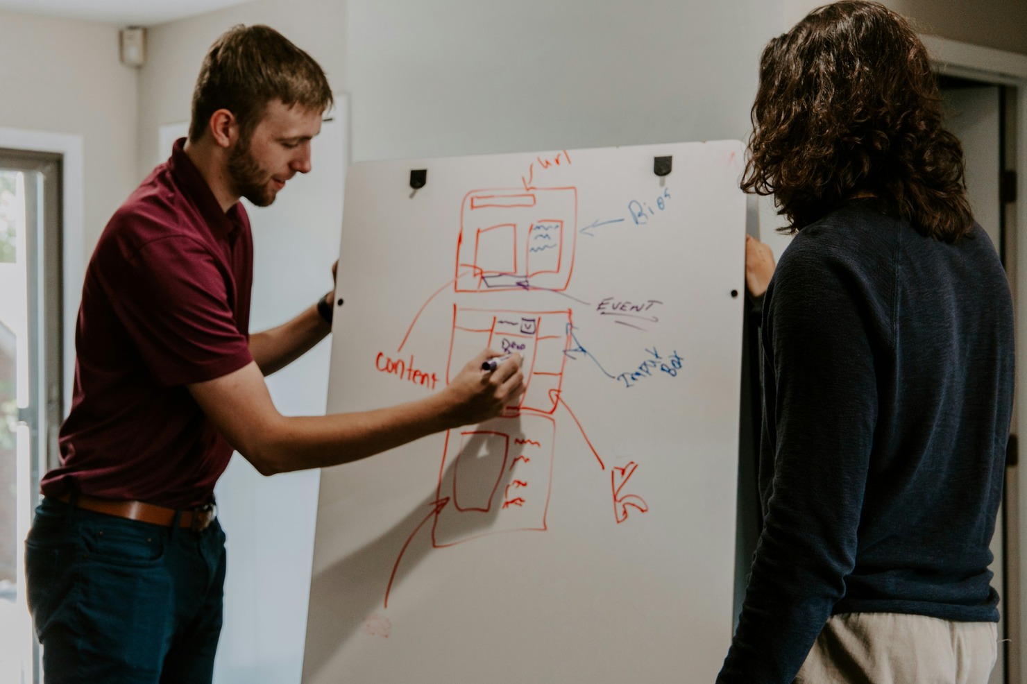 A man conducting strategy evaluation on a whiteboard.