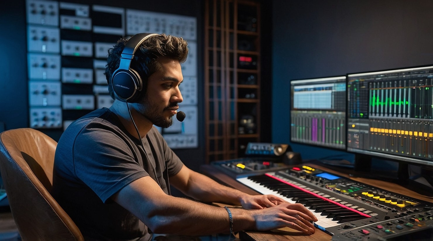 A man in a music production studio