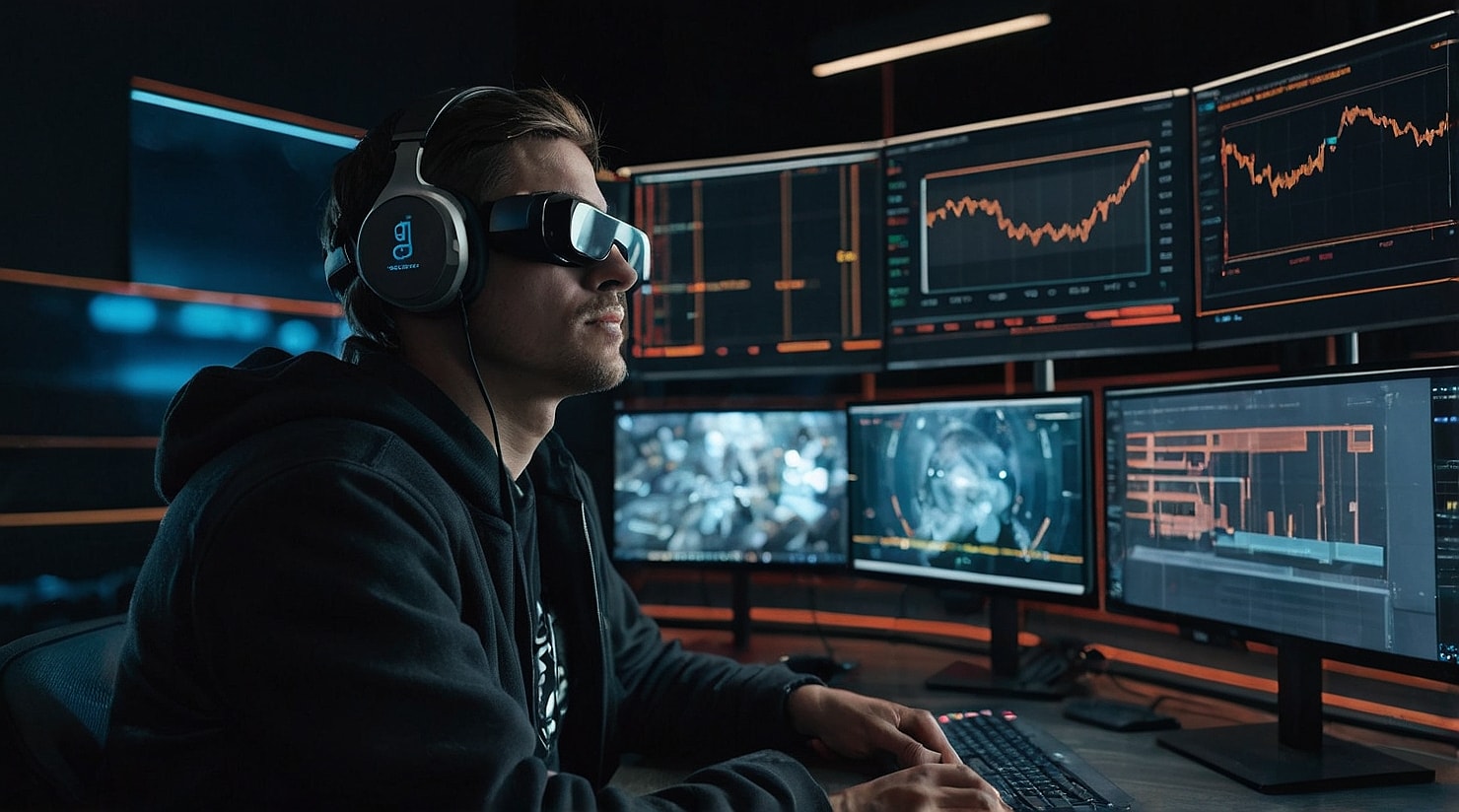 A man with VR looking at monitors