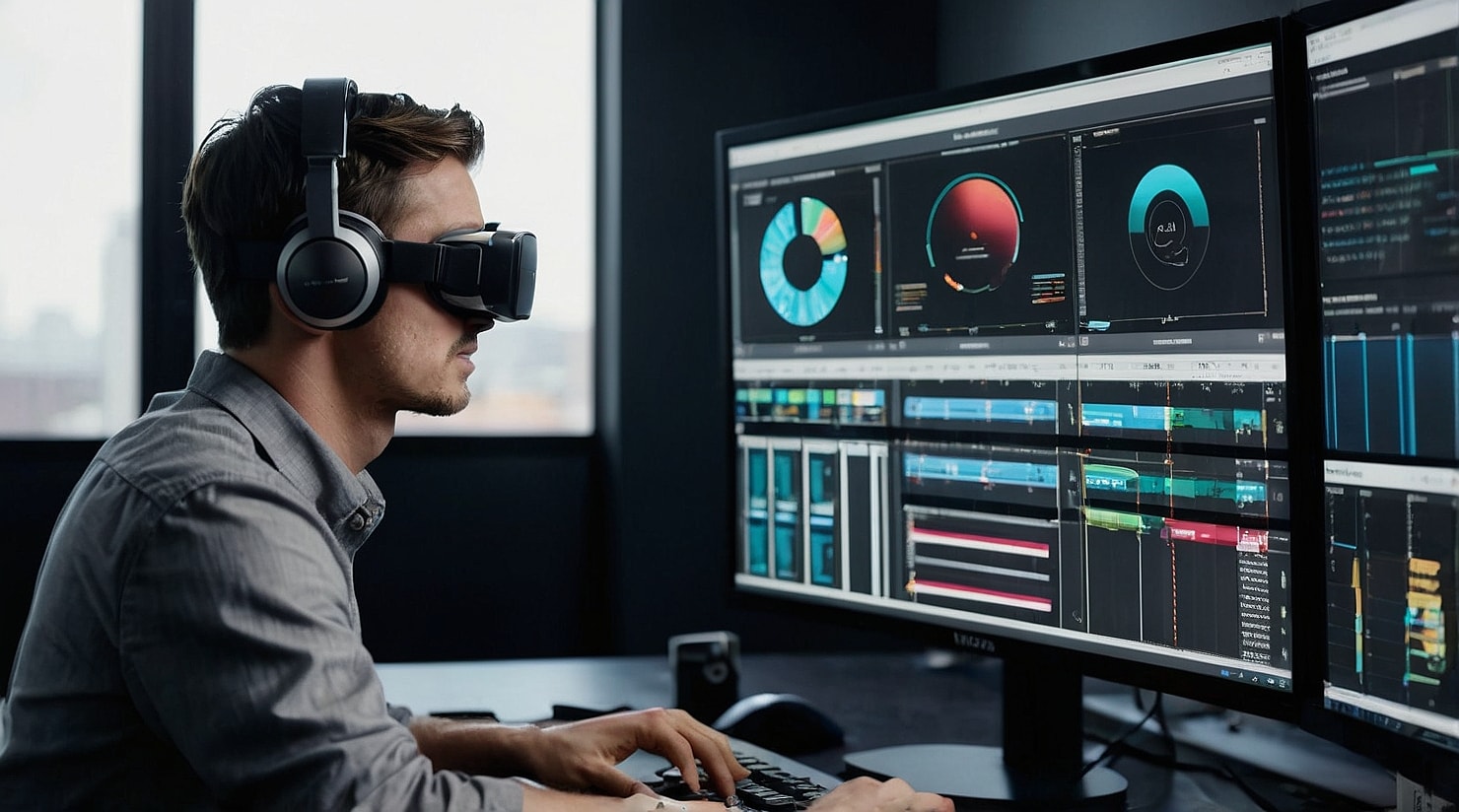 A man with a headset is working on a pc