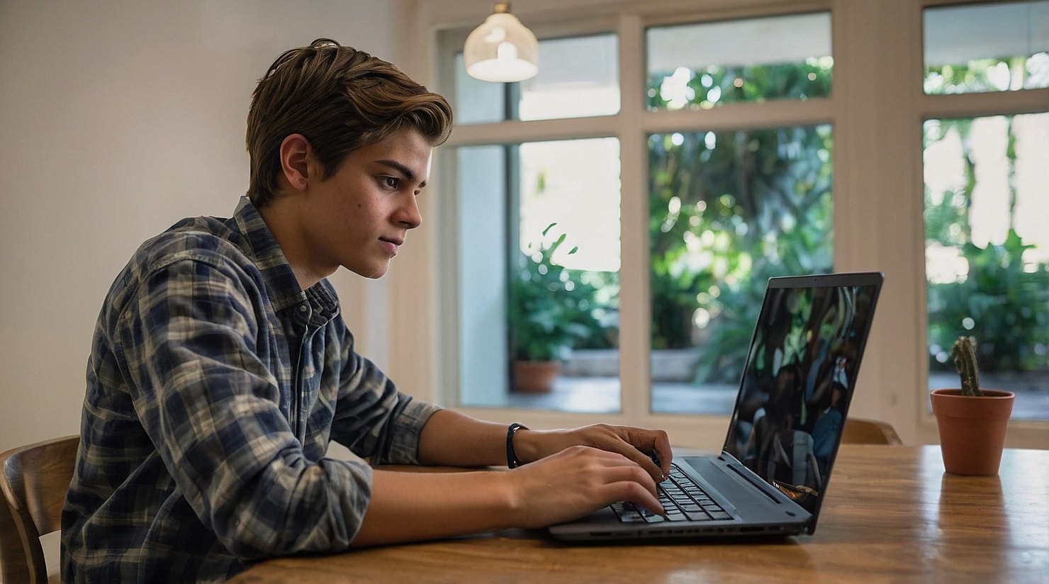 A teenager working online