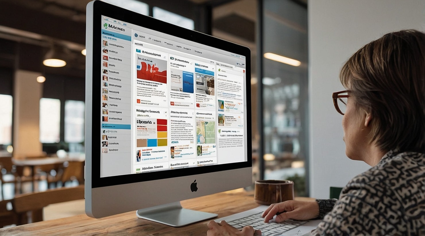 A woman viewing a website marketplace on a computer