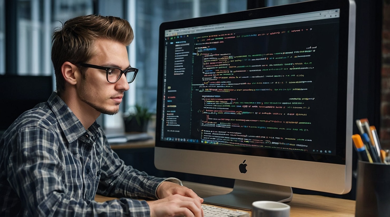 A young man is developing a program on his pc