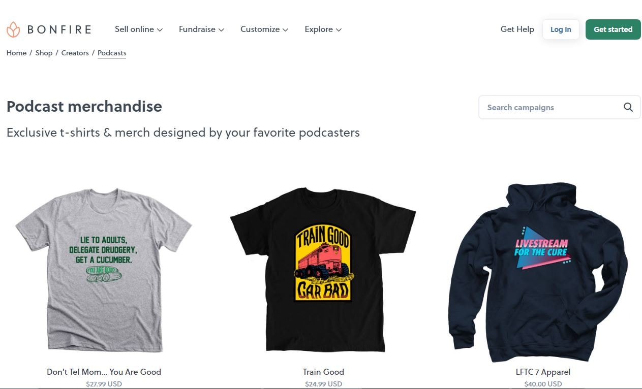 Bonfire podcast merchandise website