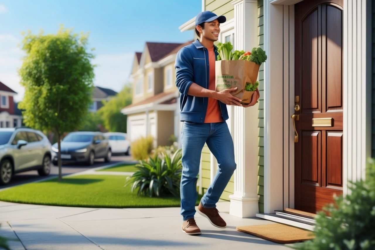Delivery person delivers fresh fruit