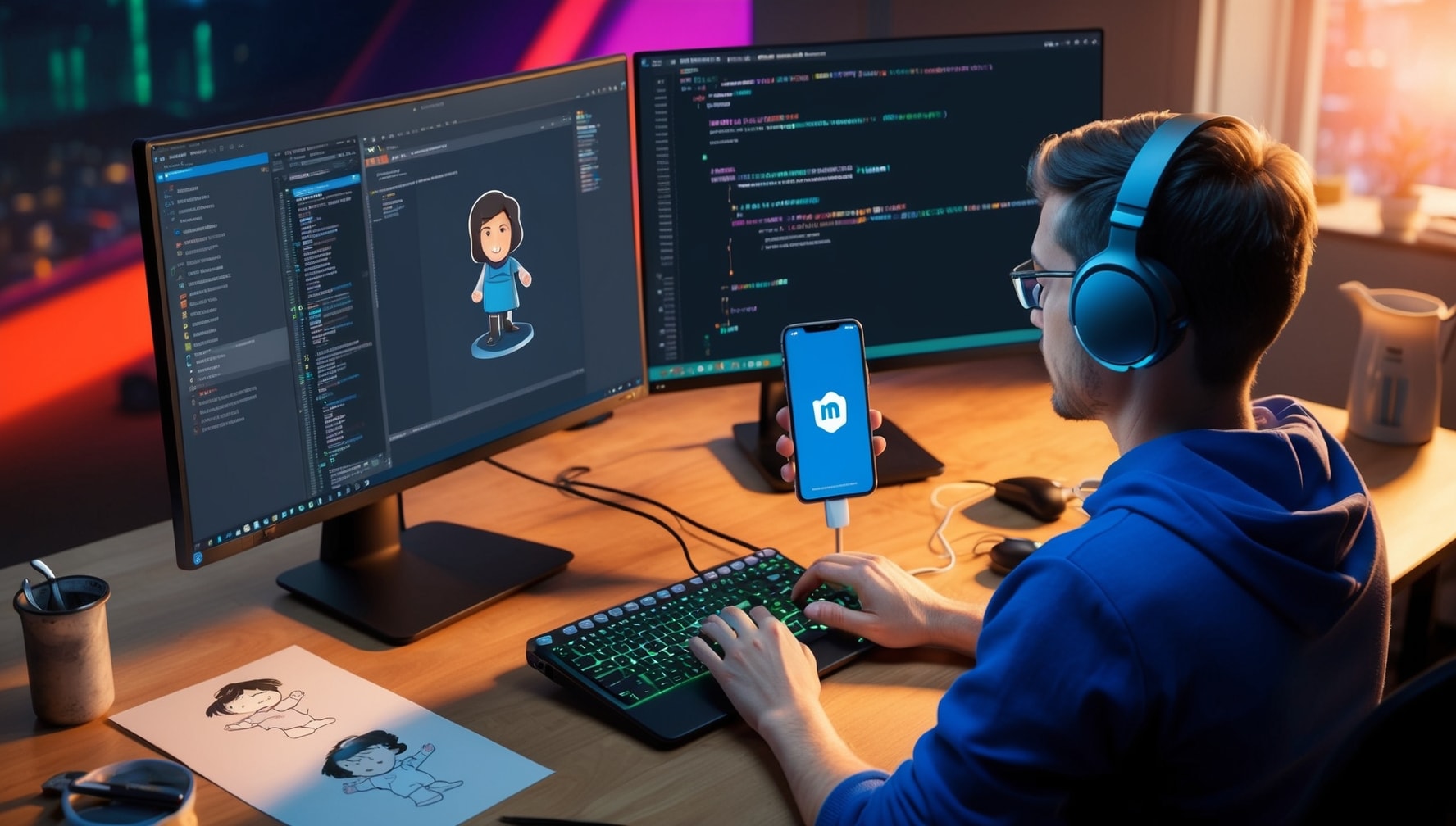 Developer is coding a mobile app on a pc