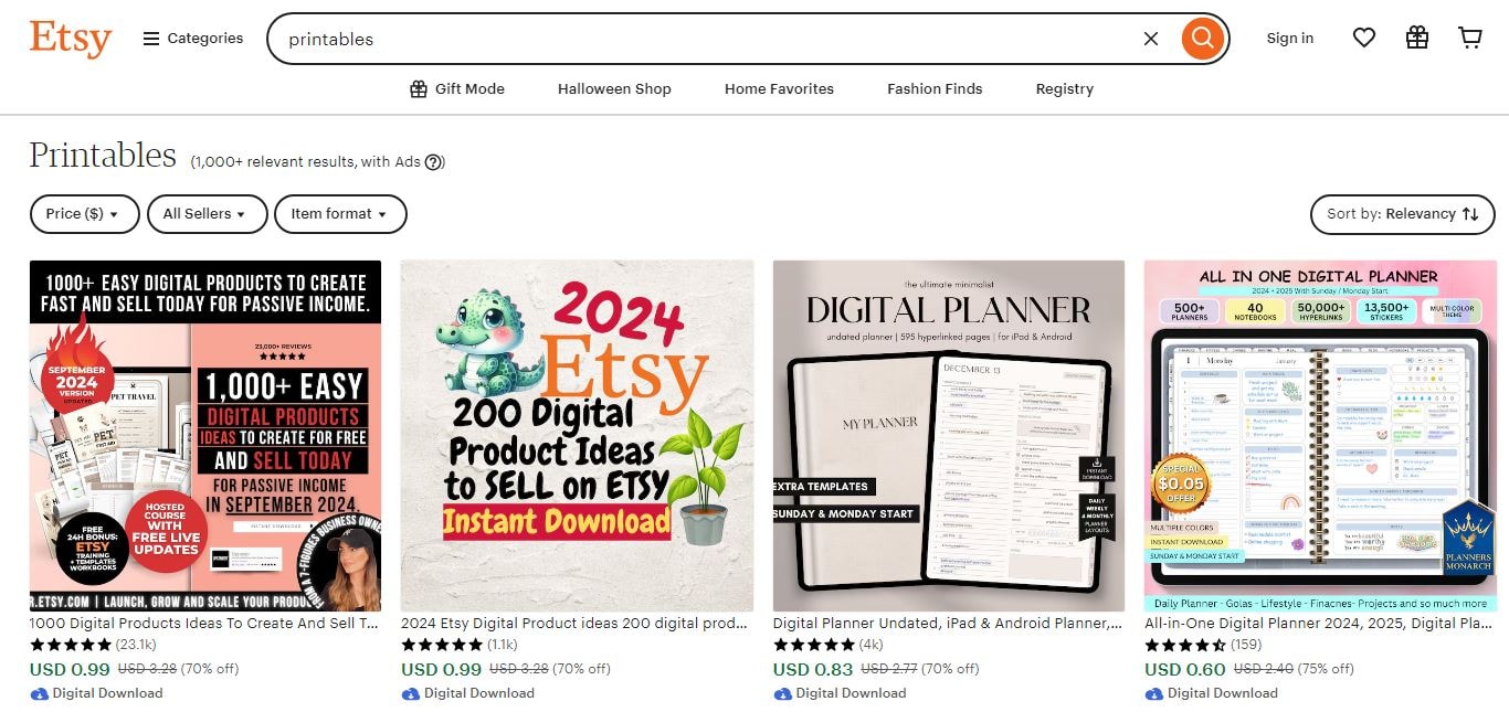 Etsy printables page