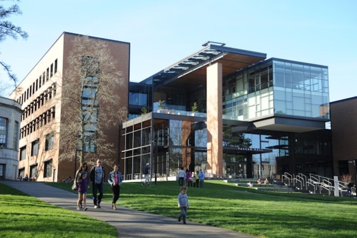 People walking near the front of a university