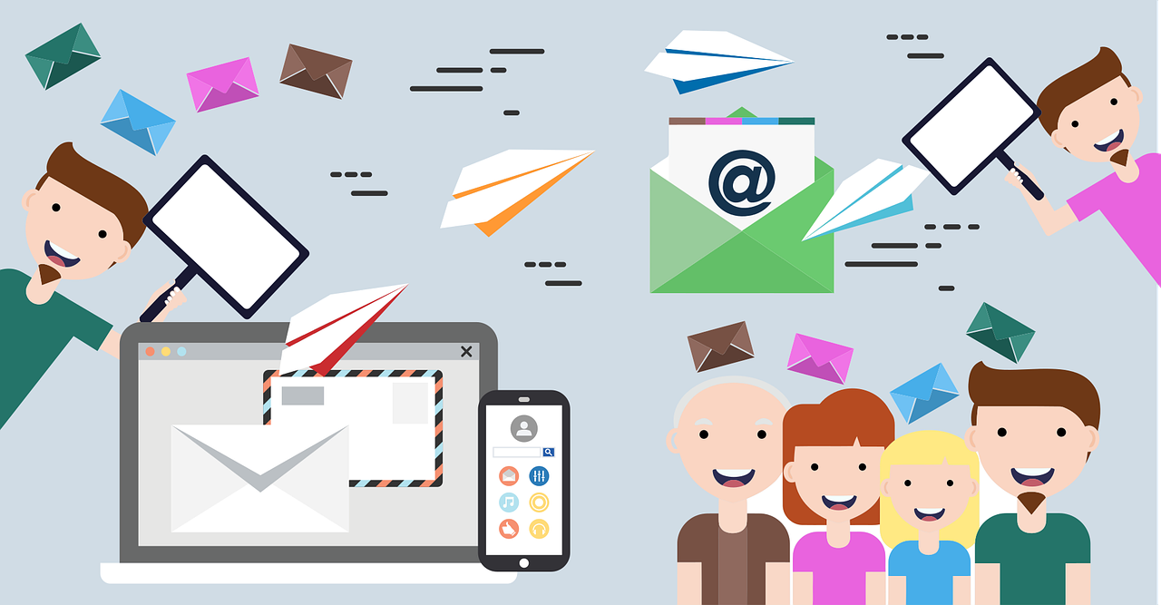 Pictures of email respondents and mails popping out of a laptop.