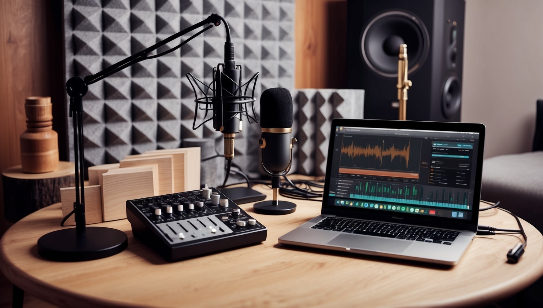 Podcasting equipment on a table