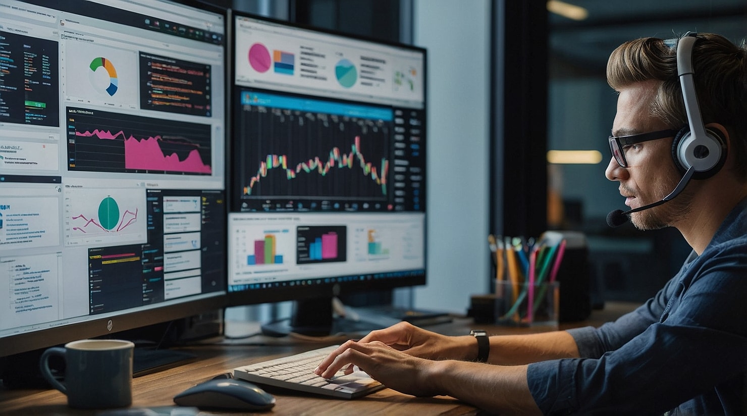 Professional marketing strategist working on computer