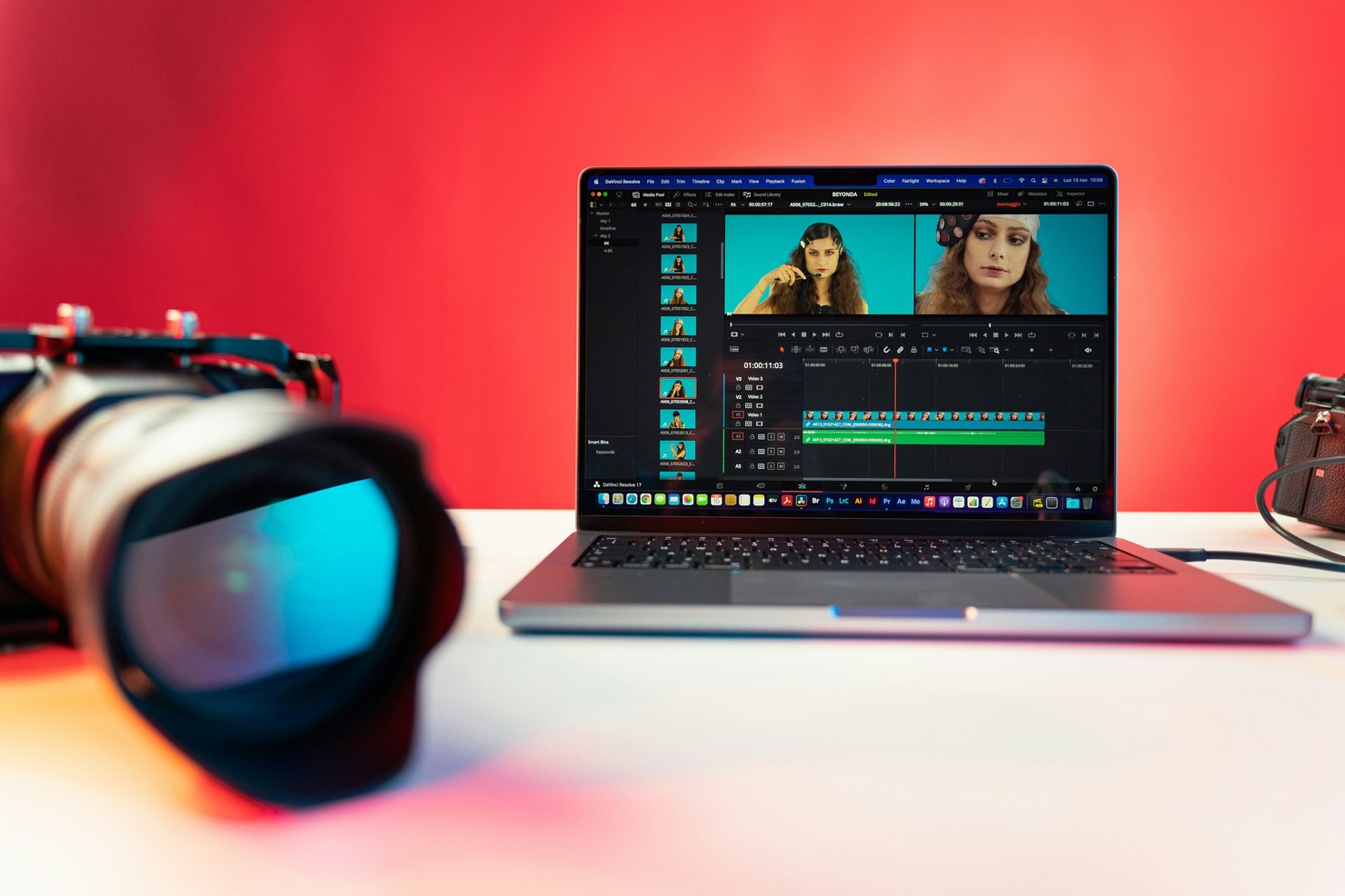 Video editing software on a screen.