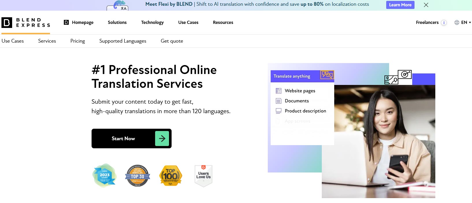 BlendExpress (formerly OneHourTranslation) website screenshot