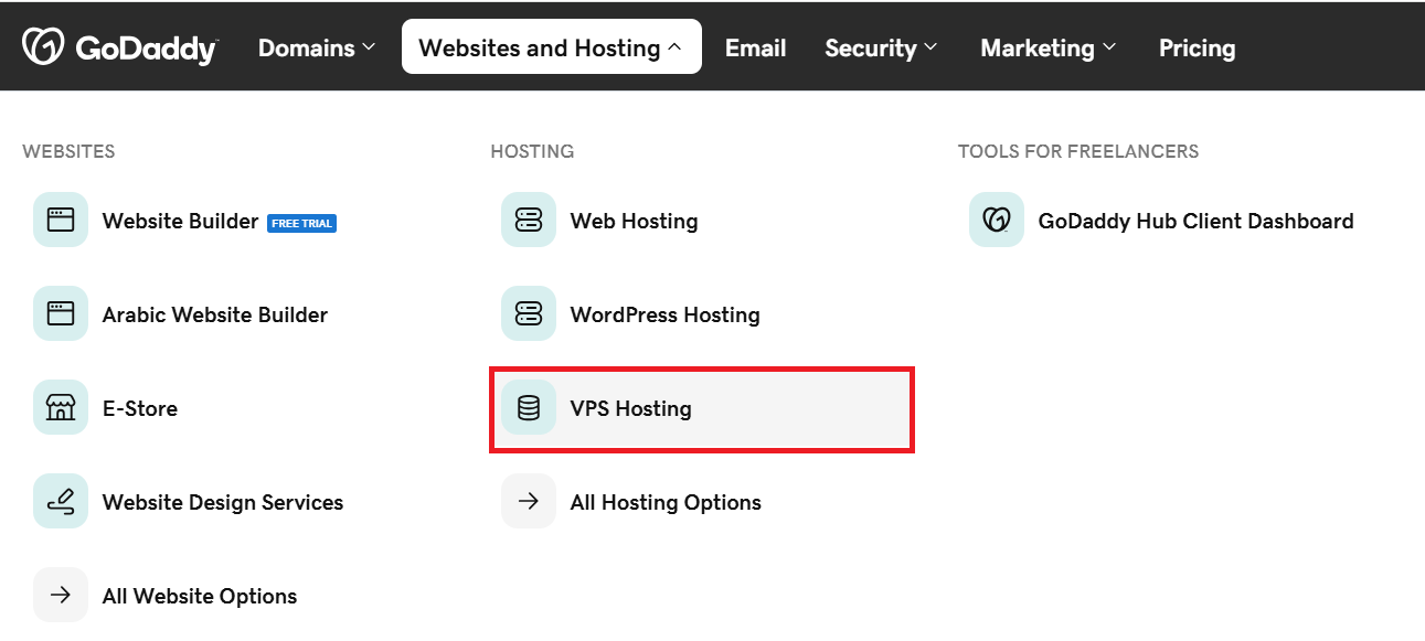 screenshot of the VPS Hositng button