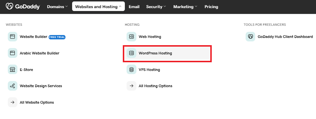 screenshot of the WordPress Hosting button
