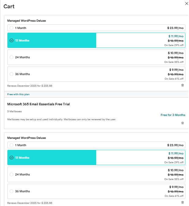 screenshot of the cart