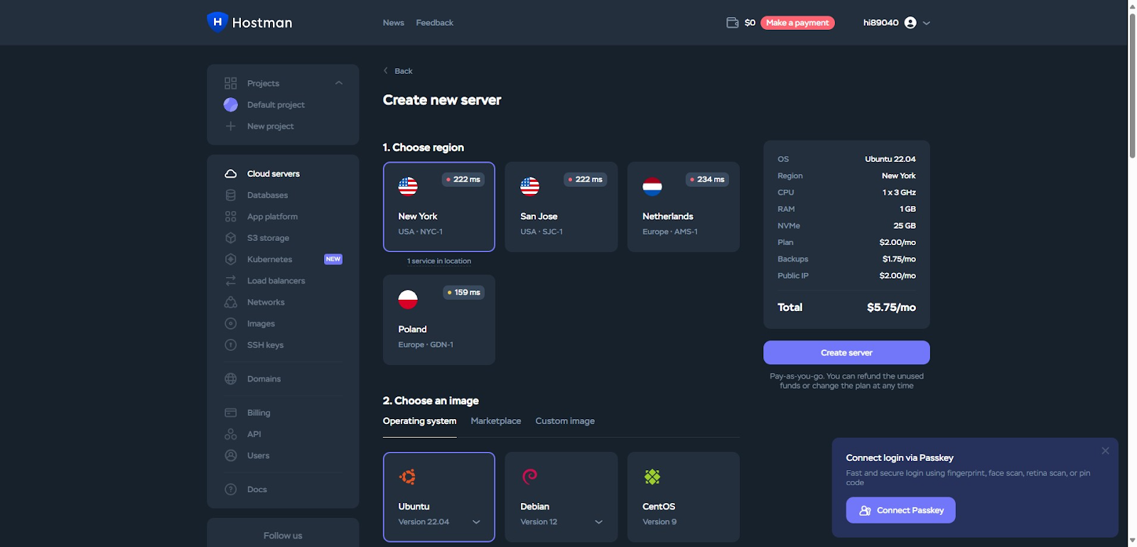 screenshot of the server locations