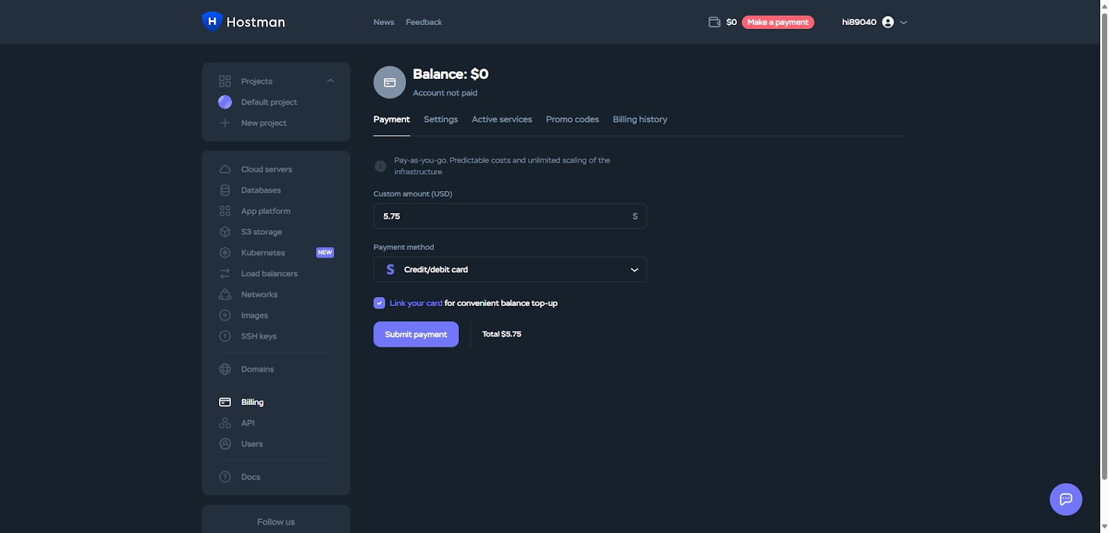 screenshot of the payment tab