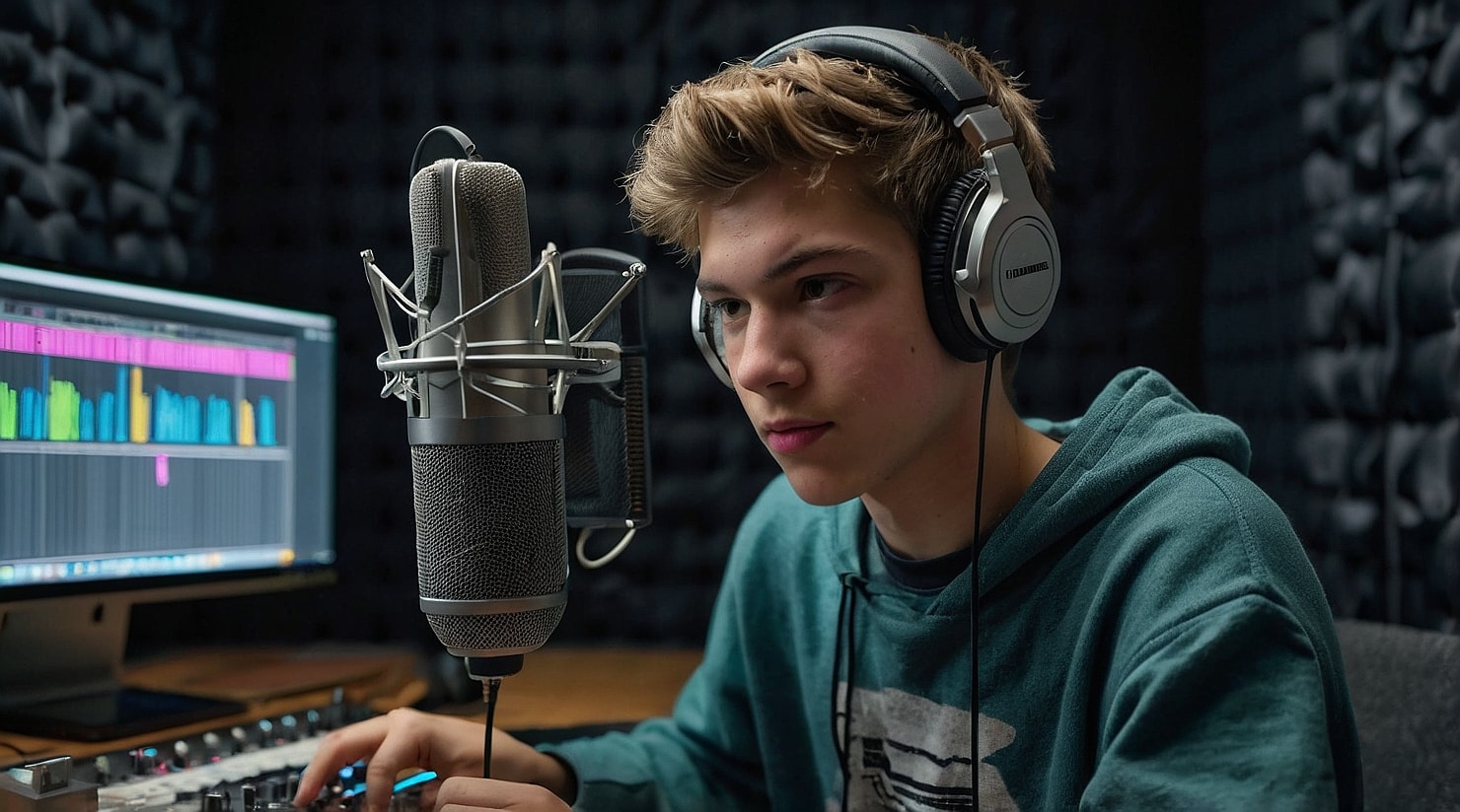 A teenager in a studio podcasting