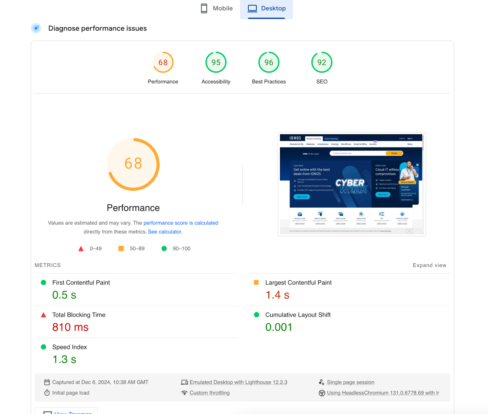 screenshot of PageSpeed Insights Performance Test