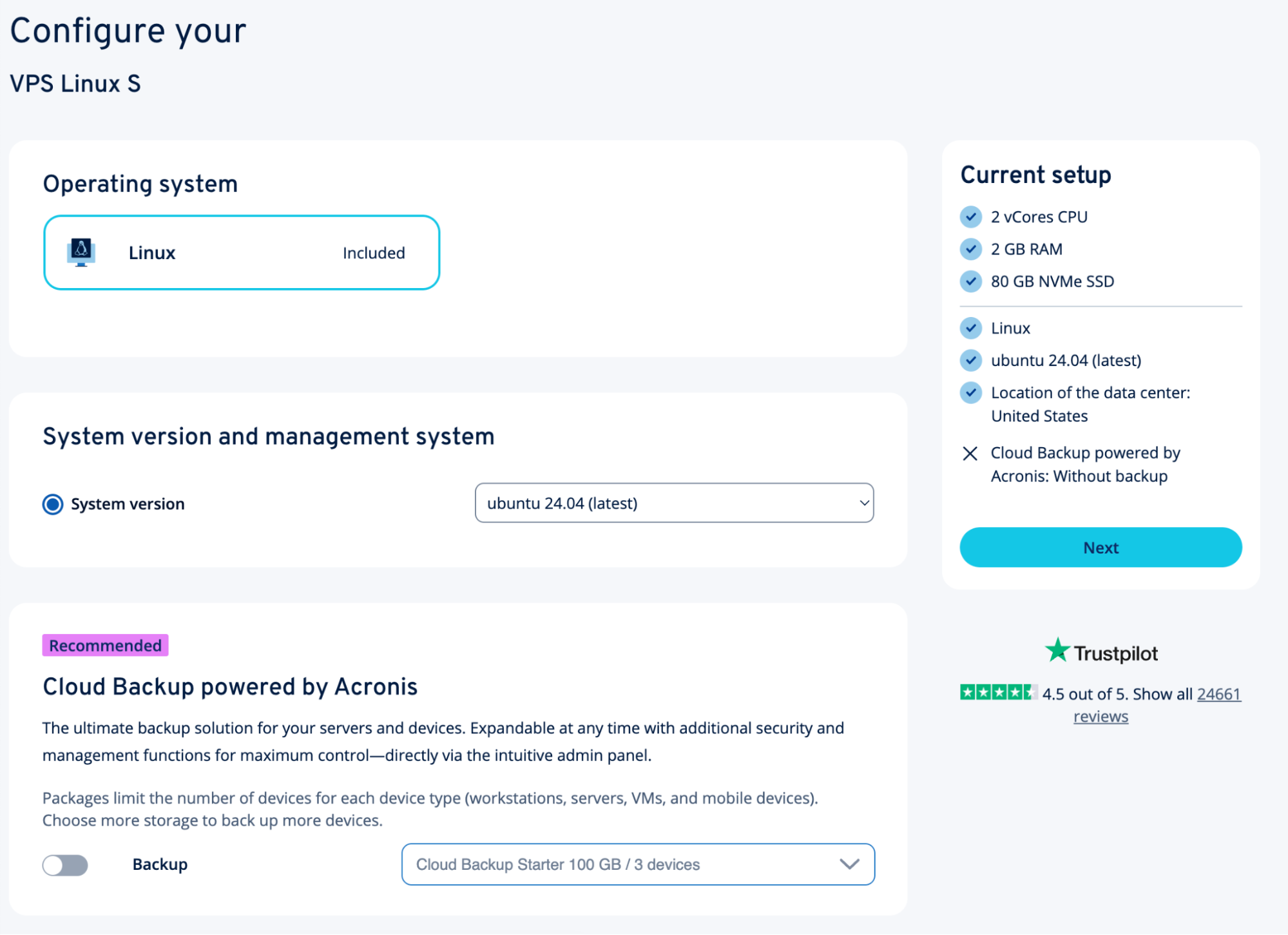 schermafbeelding van hostingplanconfiguraties