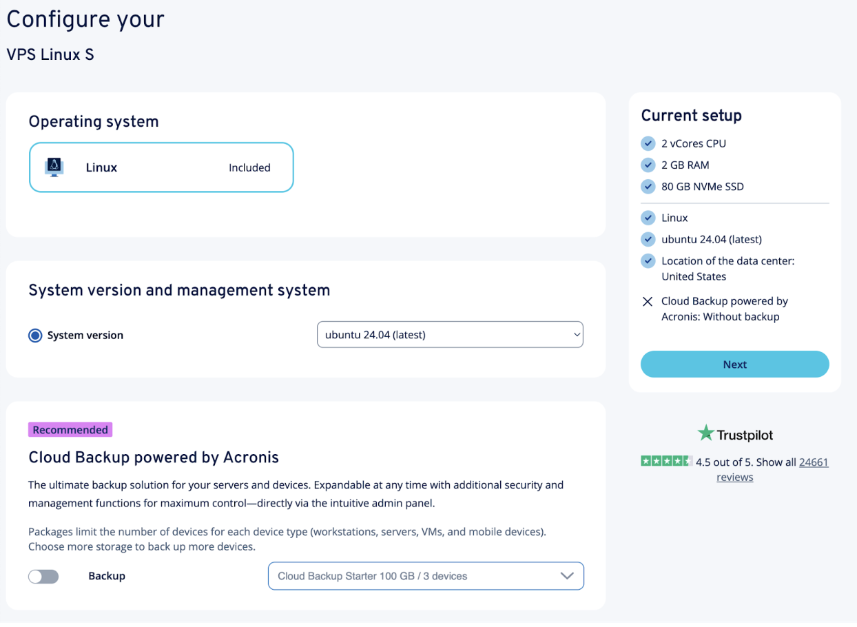 screenshot of hosting plan configurations