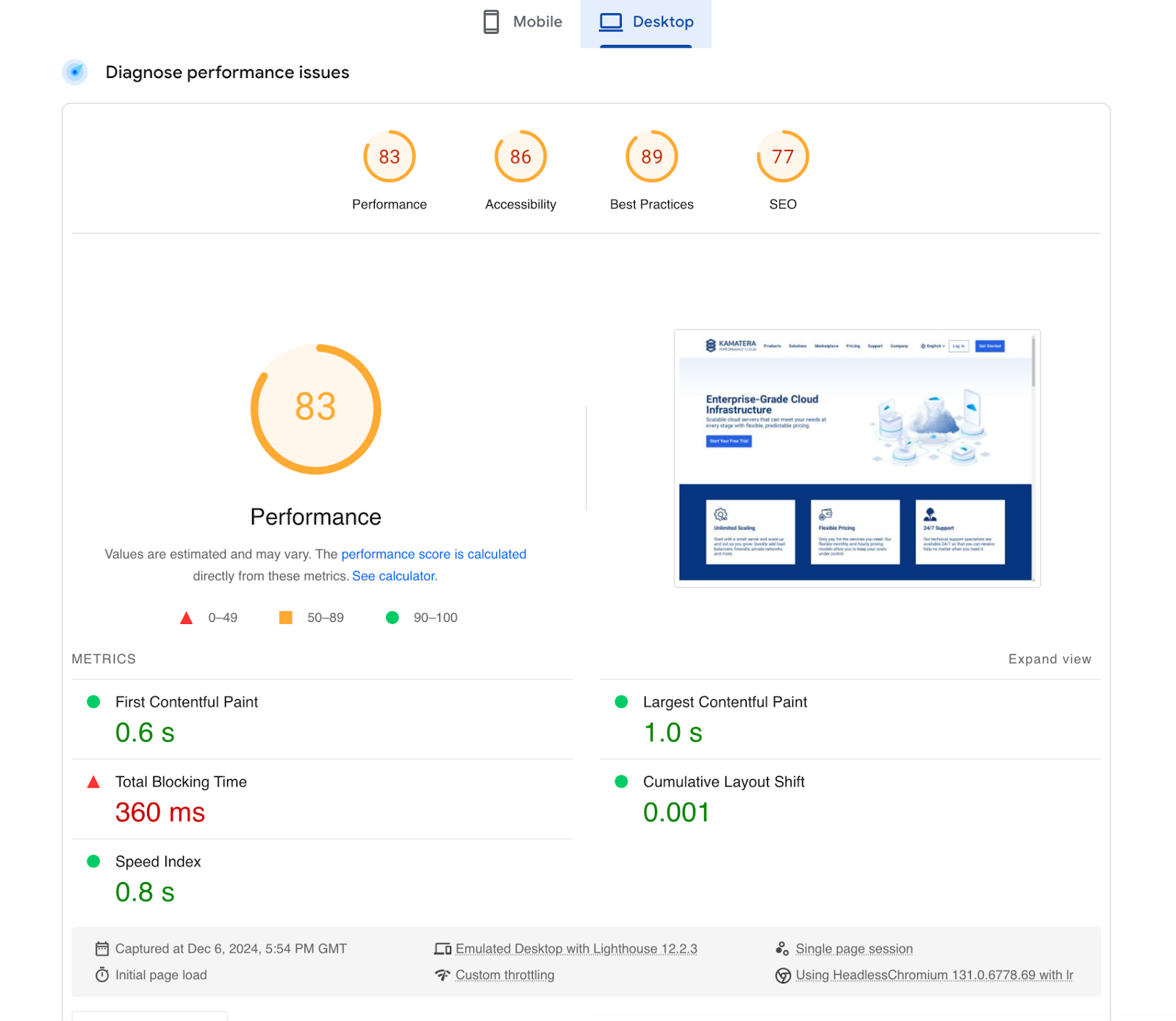 näyttökuva PageSpeed Insights -suorituskykytestistä