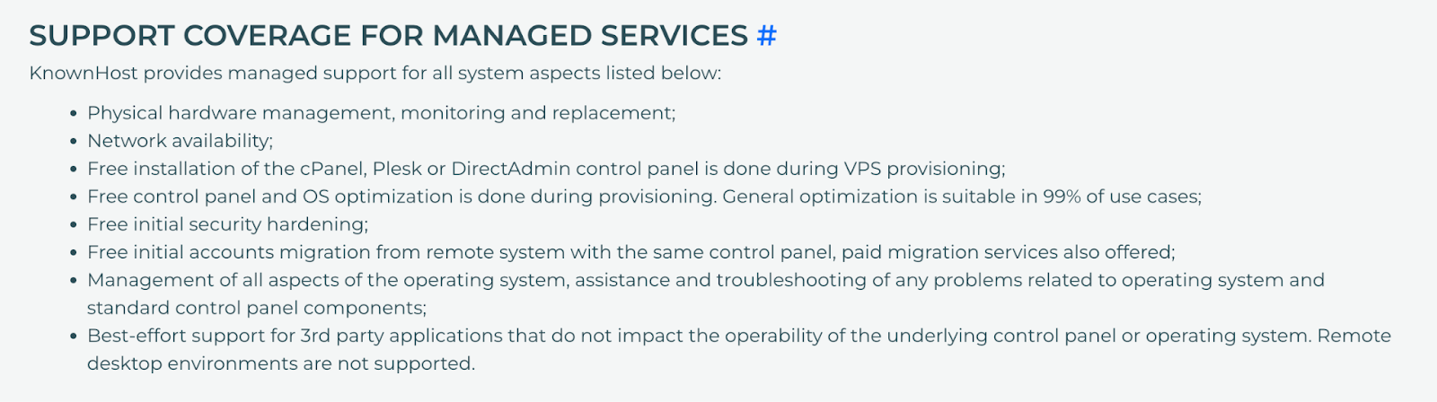 screenshot of the managed services page