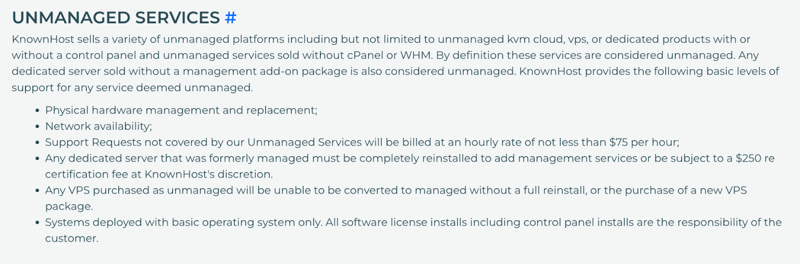 screenshot of the unmanaged services page