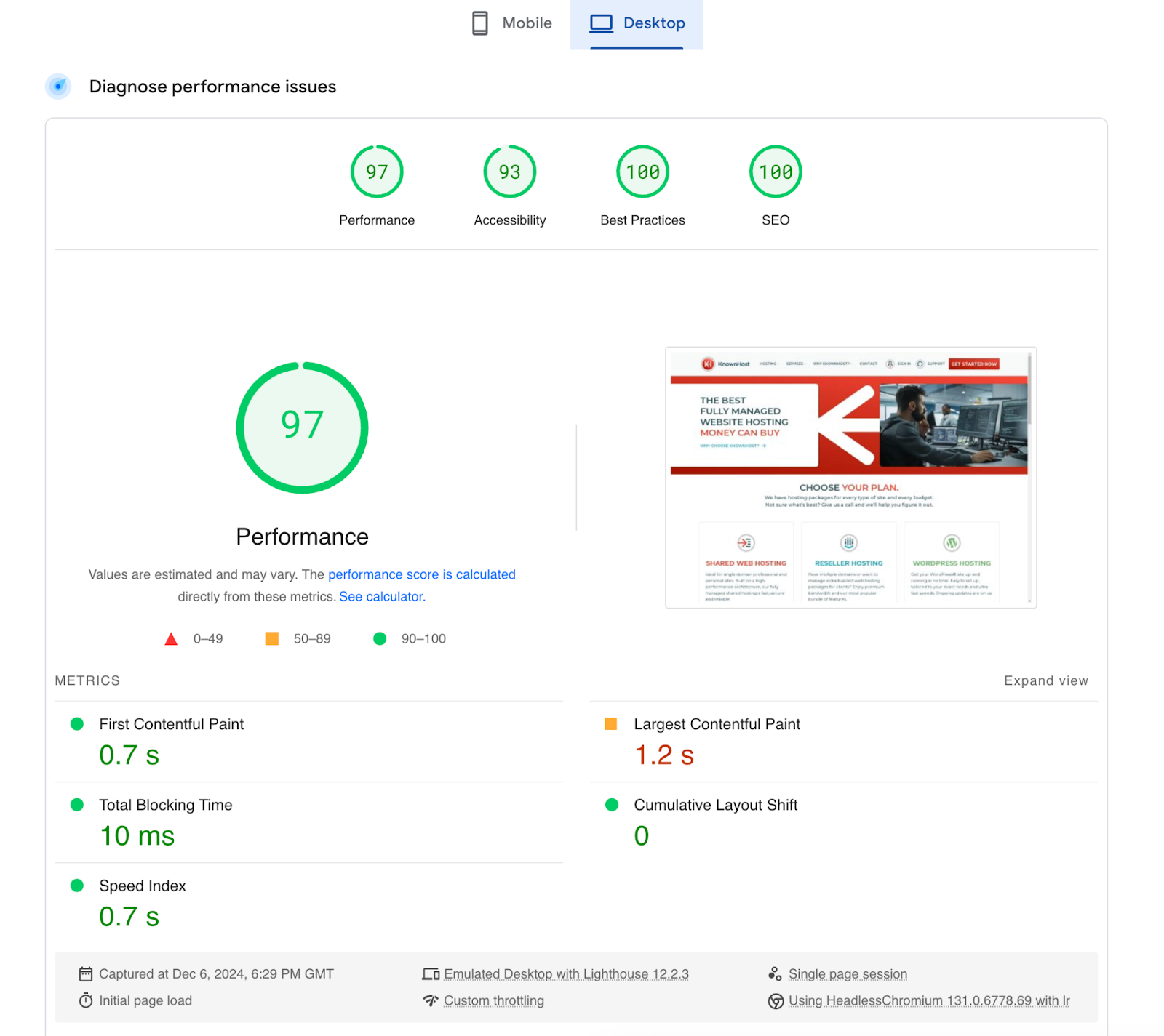 screenshot of PageSpeed test result