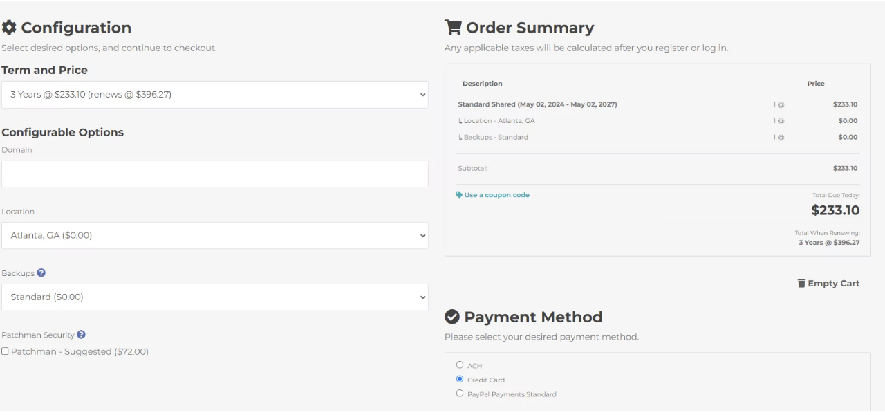 screenshot of the configurations