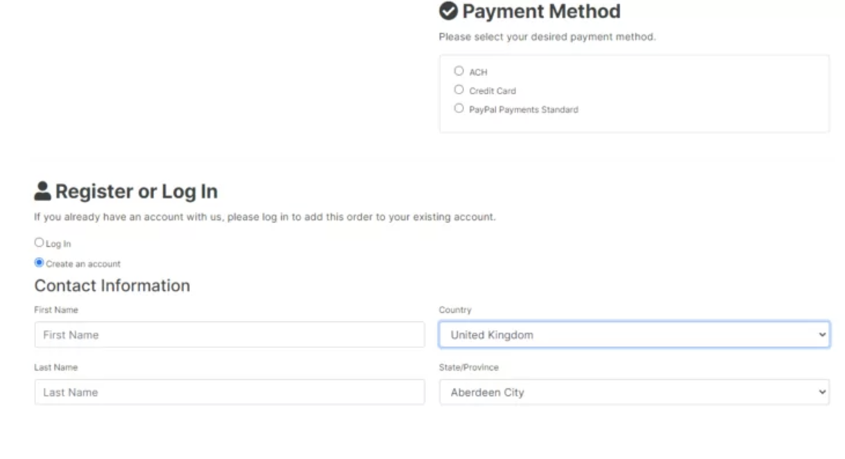 screenshot of the registration page