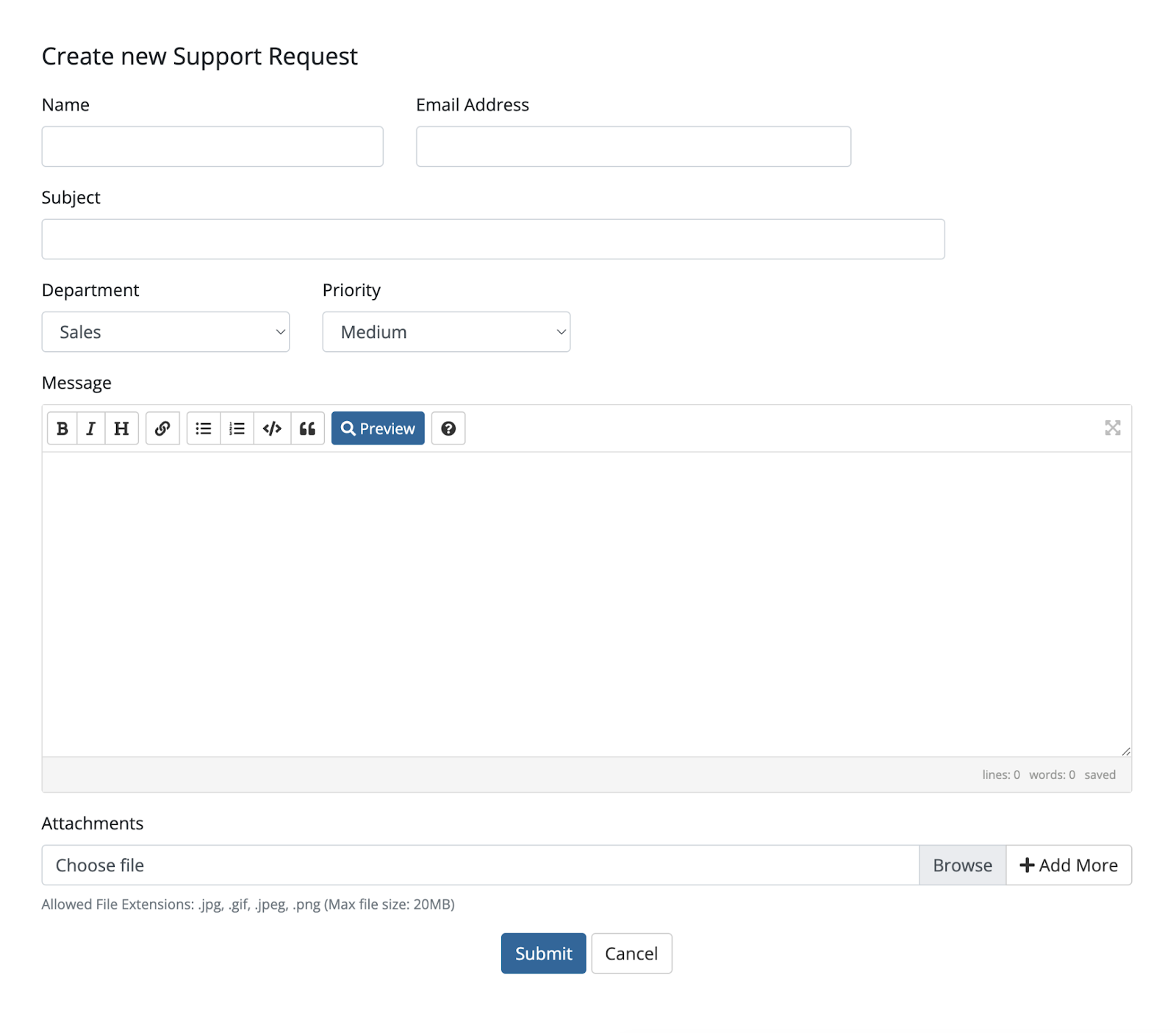 screenshot of support request