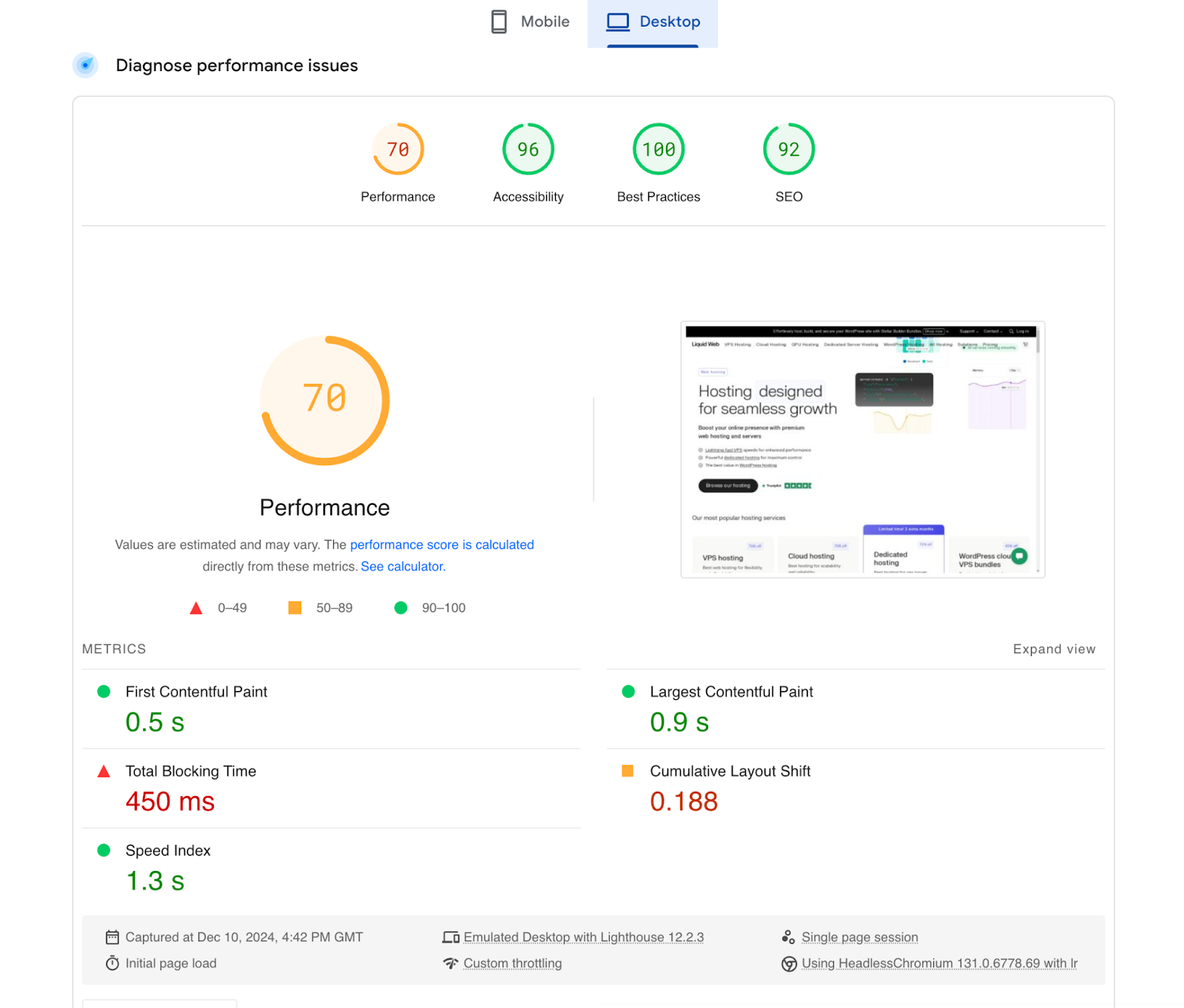 екранна снимка на теста с PageSpeed Insights