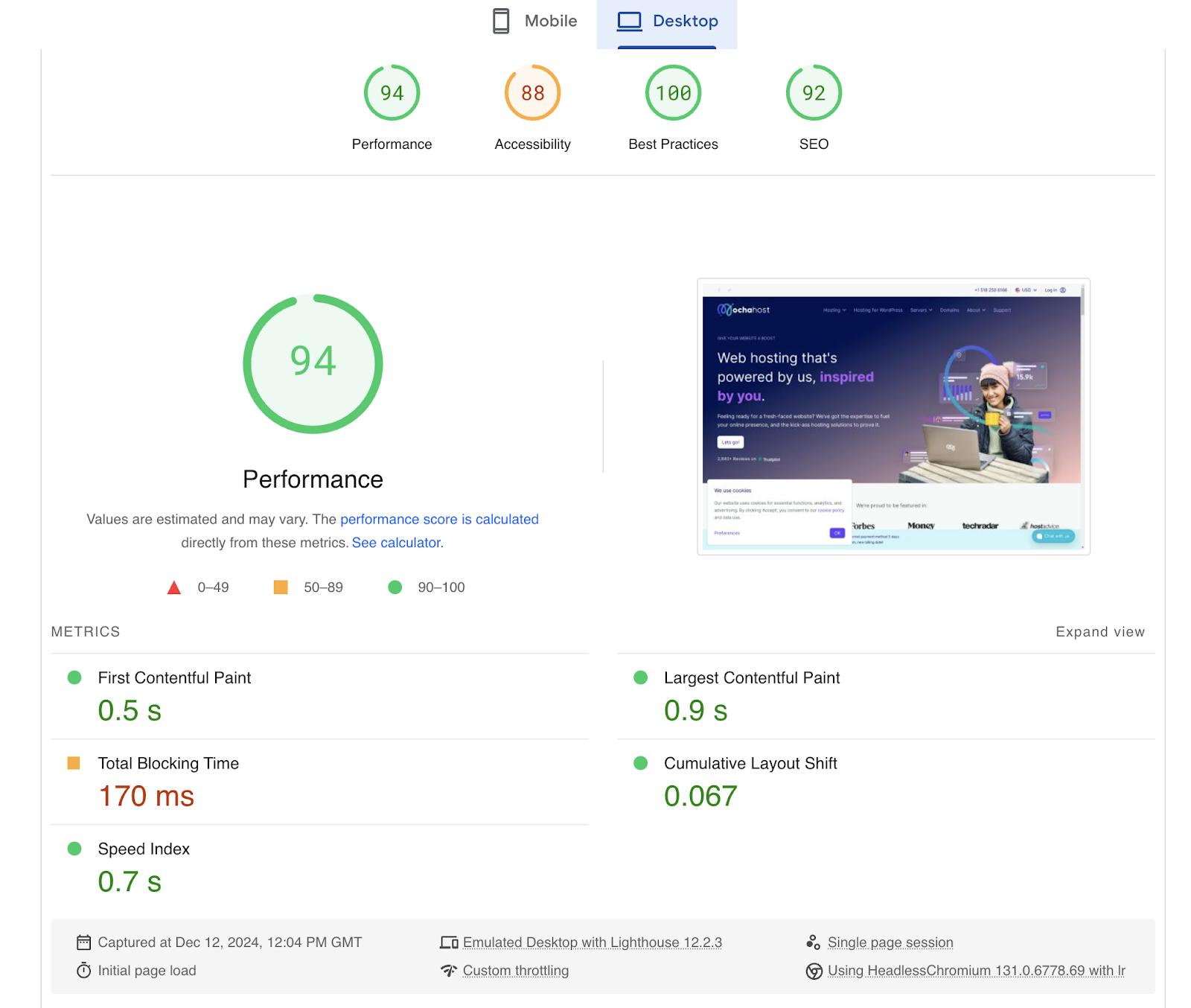 capture d’écran du test de performance PageSpeed Insights