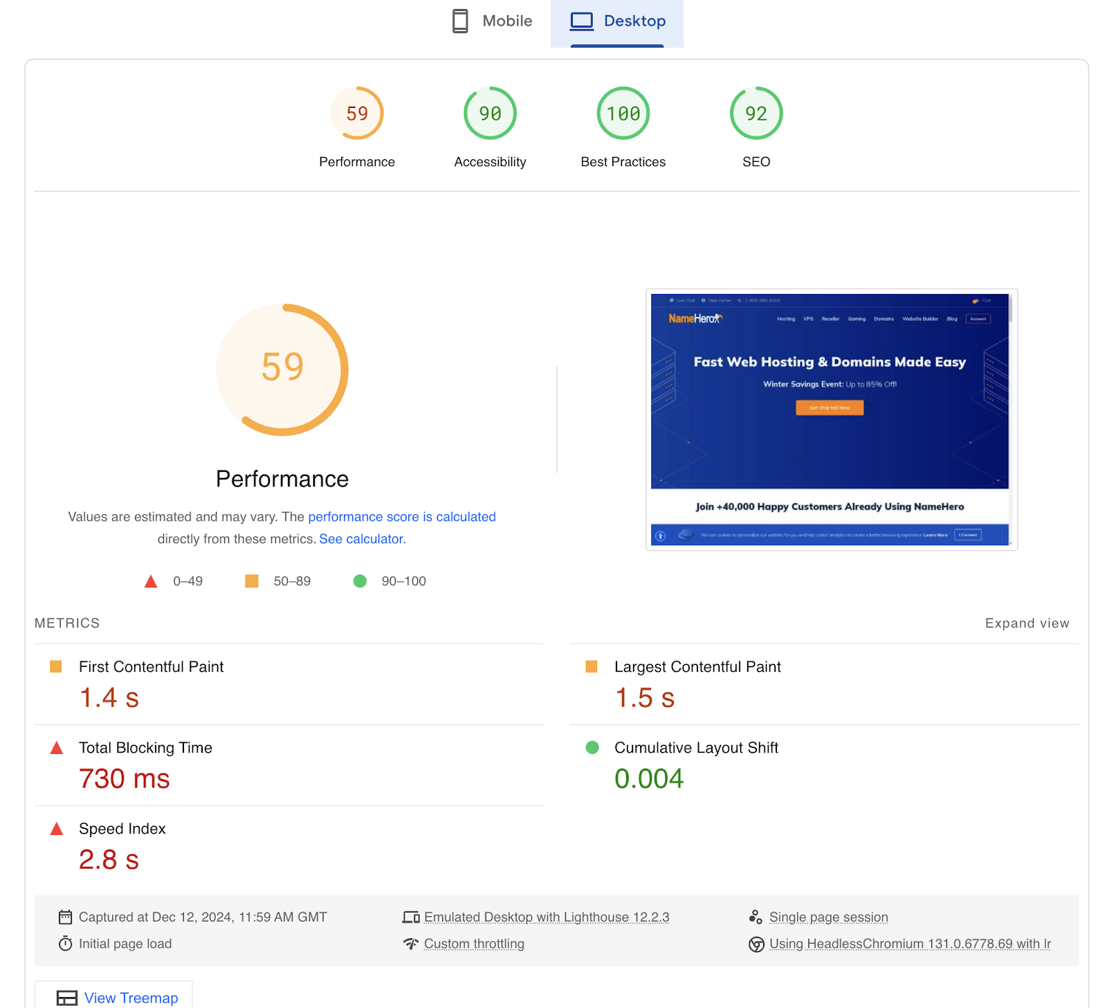 screenshot of PageSpeed Insights Performance Test