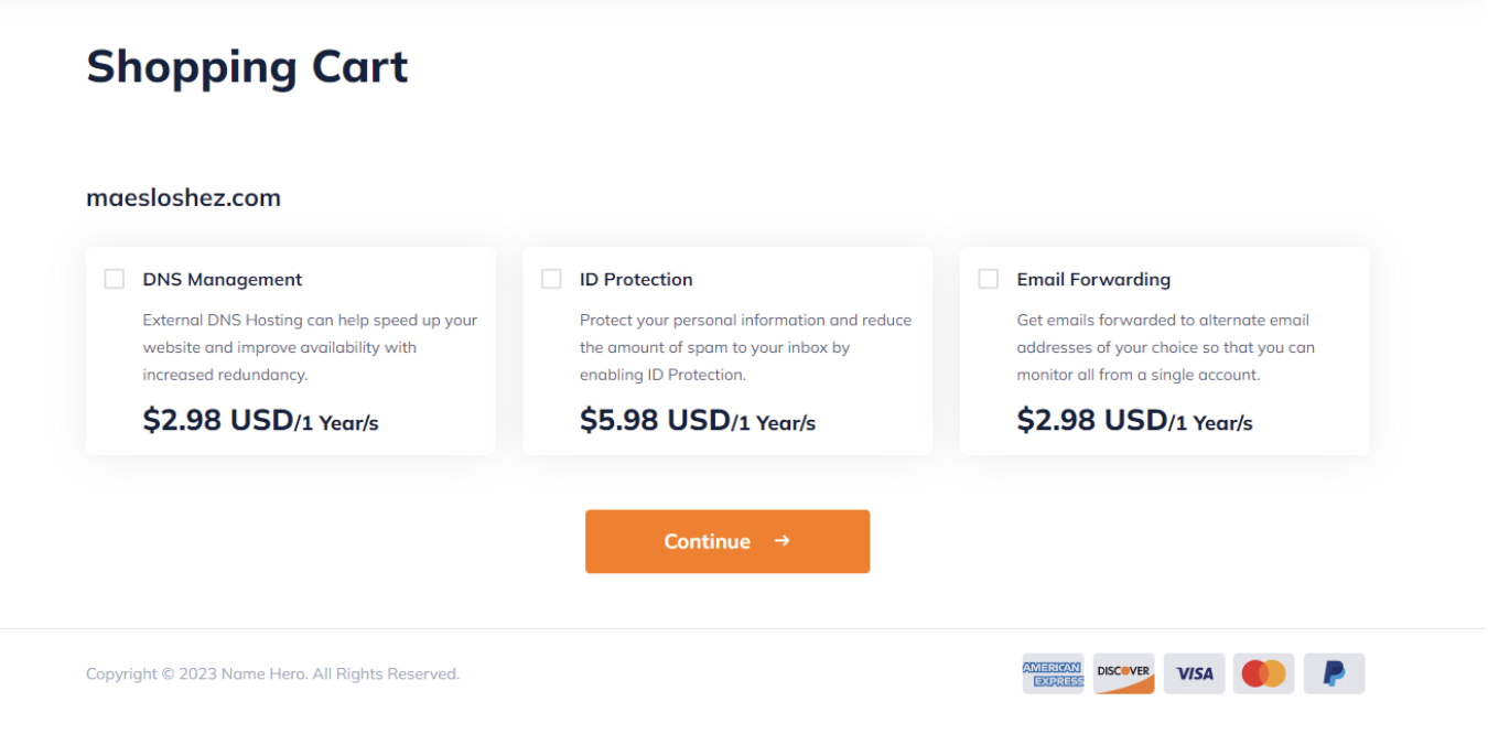 screenshot of the shopping cart