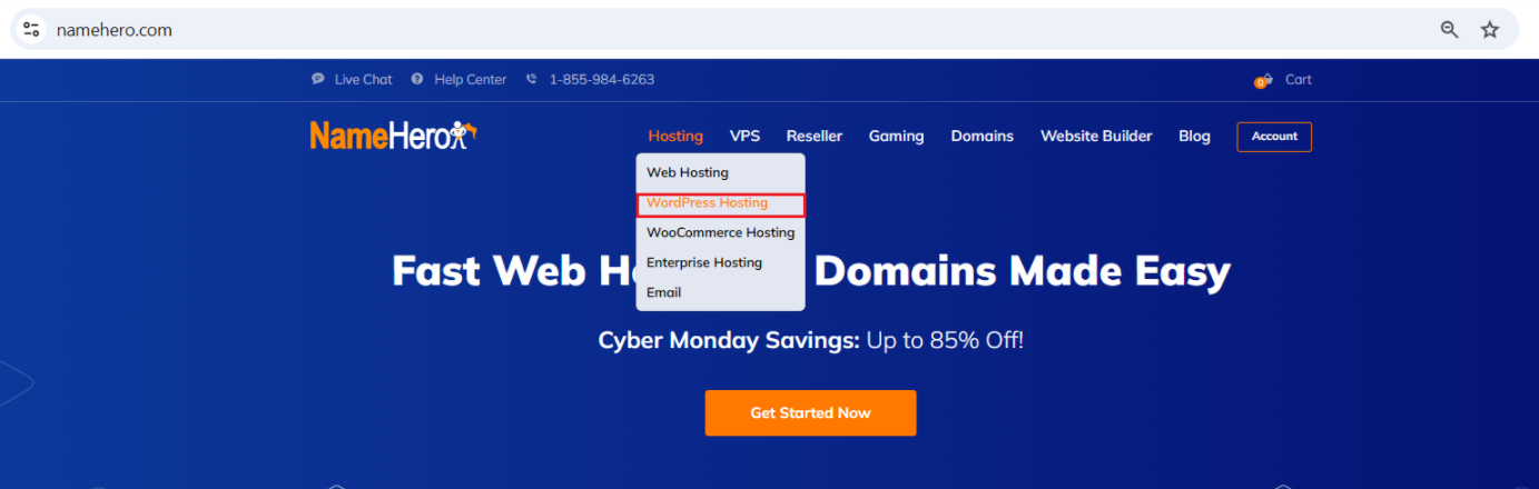 screenshot the Hosting dropdown menu with highlighted the WordPress Hosting button
