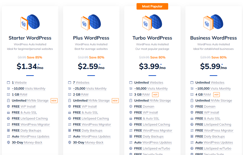screenshot the WordPress hosting Plans