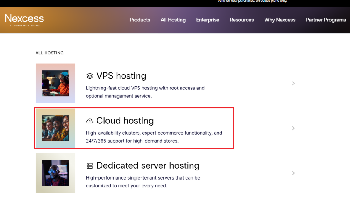 screenshot of All Hosting types