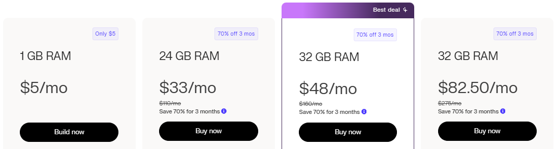screenshot of hosting plans