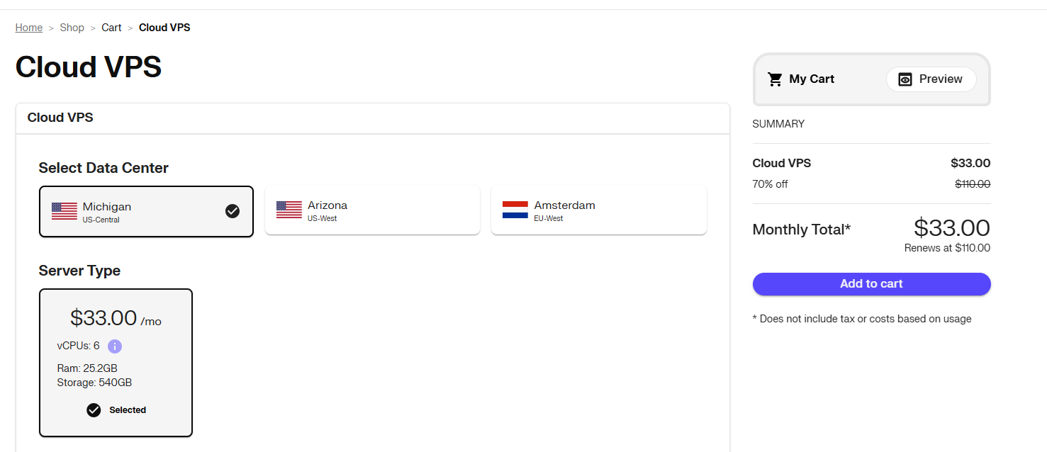 screenshot of Data Center selection