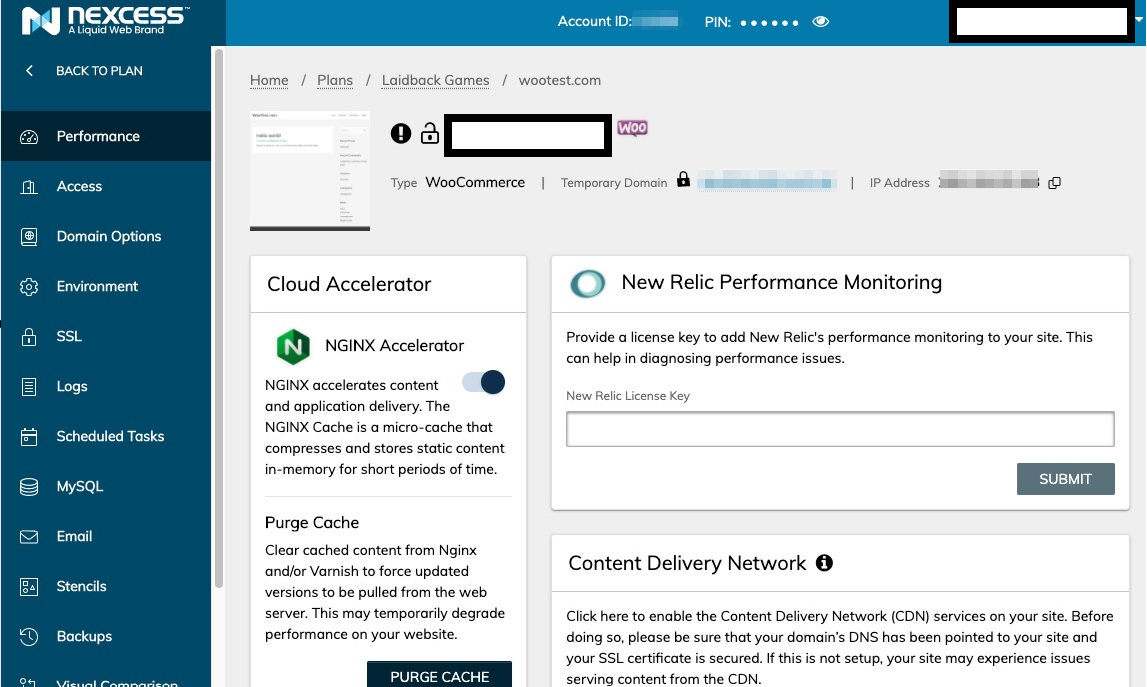 screenshot of Nexcess Hosting Control Panel