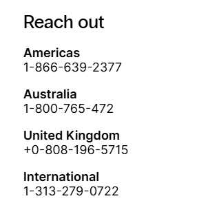 screenshot of the Support phone numbers