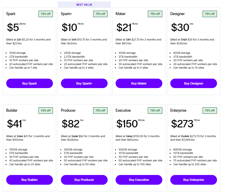 screenshot of the hosting plans