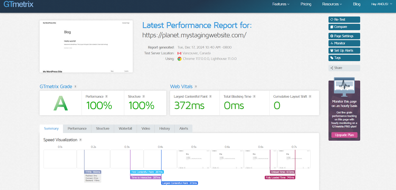 screenshot of GTmetrix test