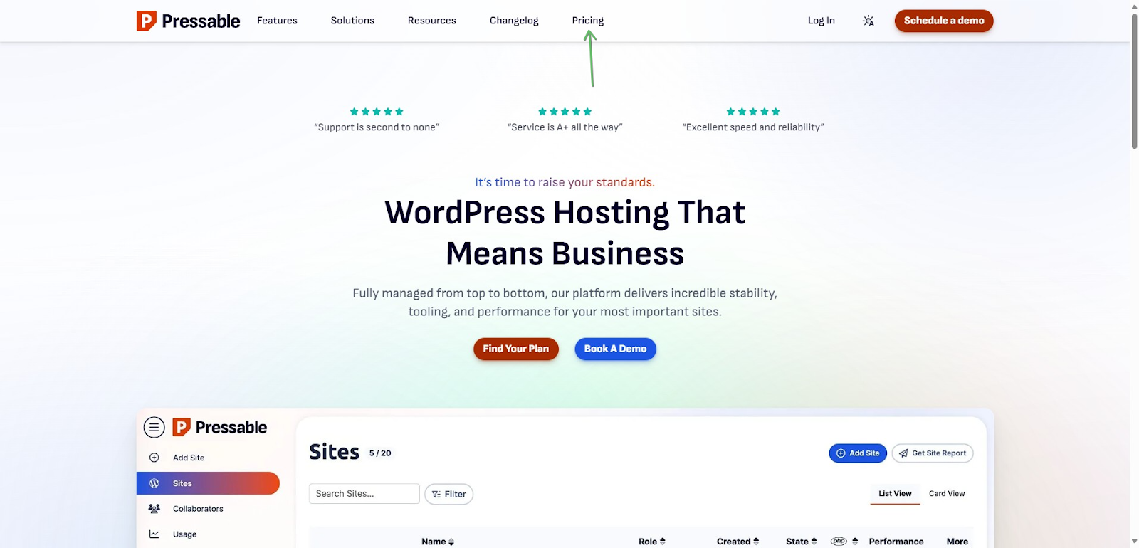 screenshot of the Pricing button