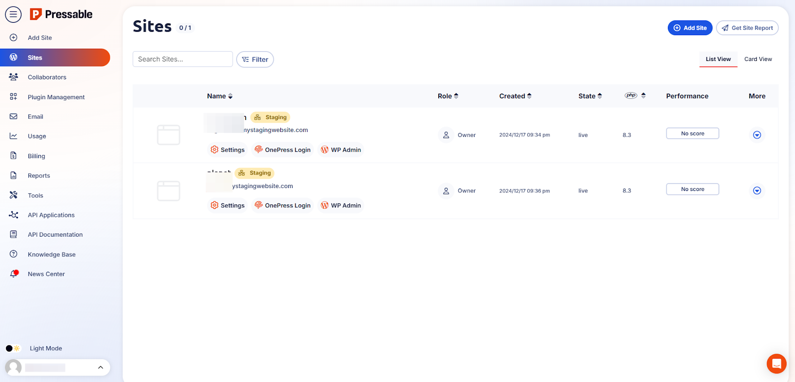 screenshot of the Sites tab