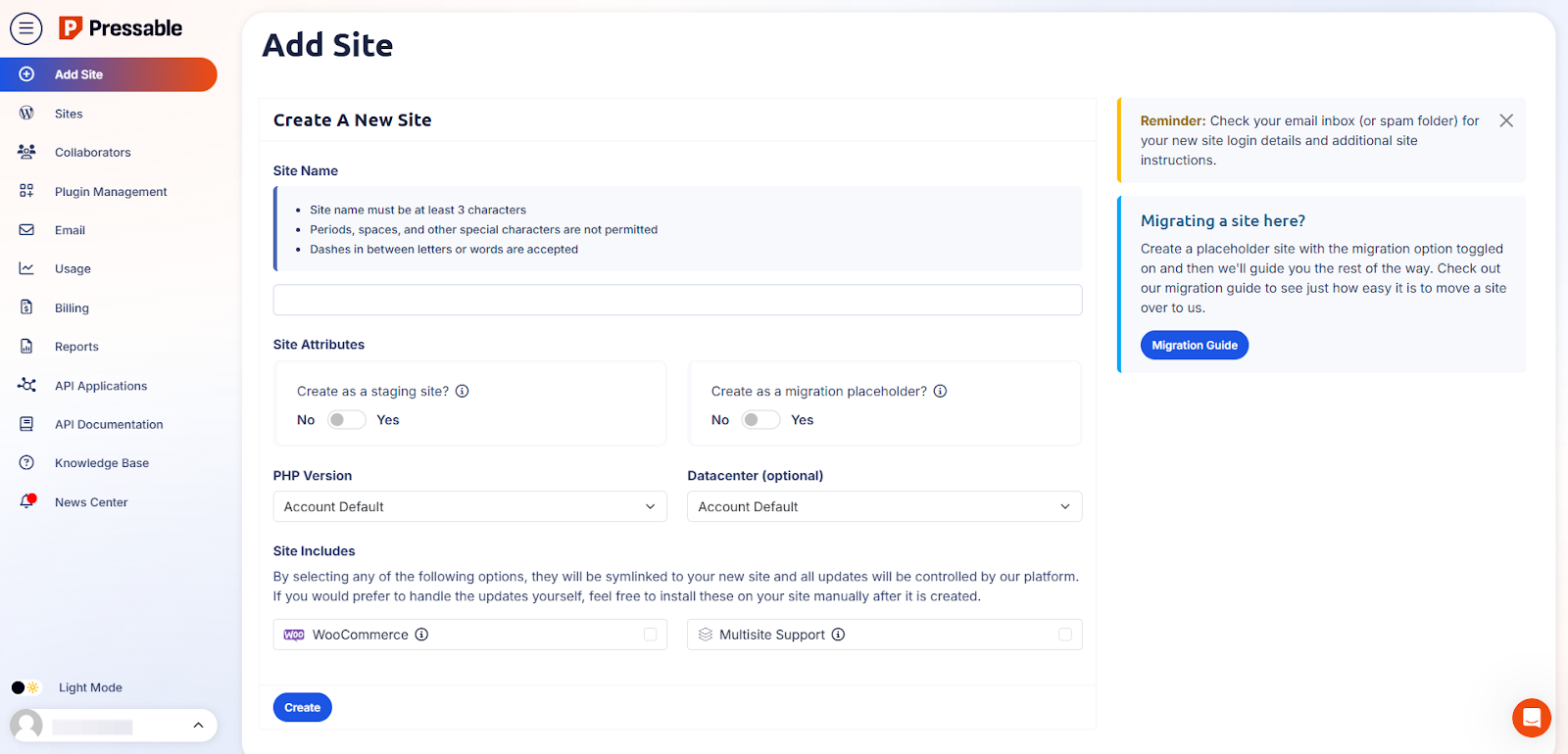 screenshot of the Add Site tab