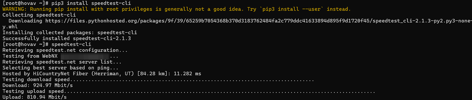 screenshot of Network speed test
